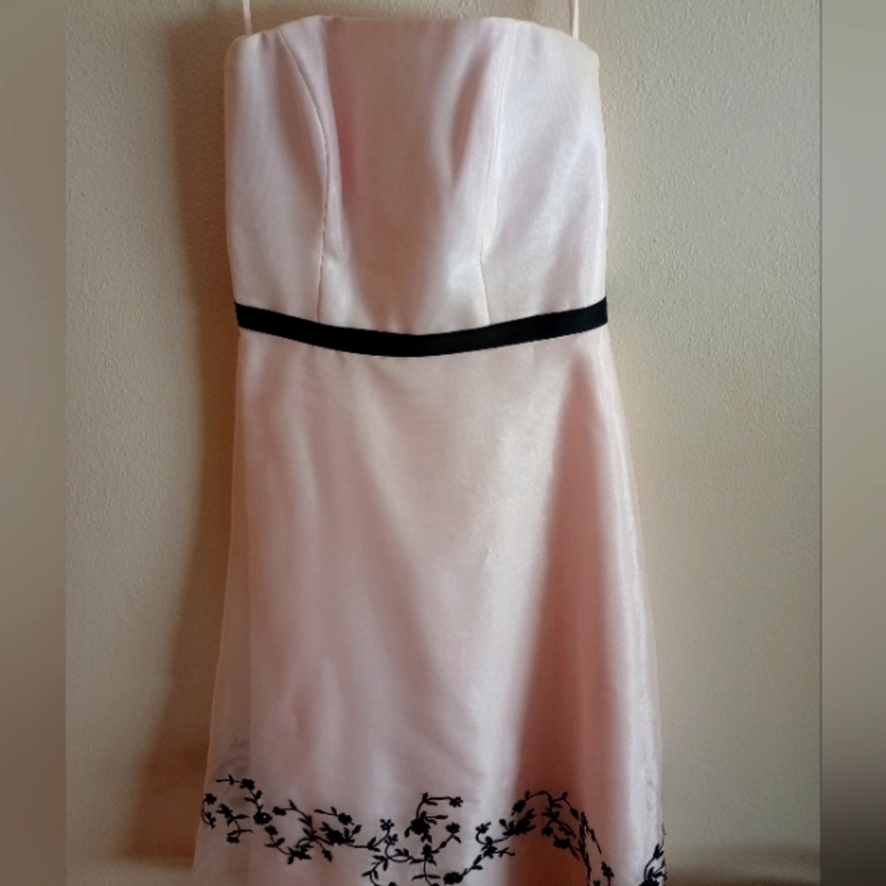 Pink Strapless Bridesmaid Dress with Black Floral Detail